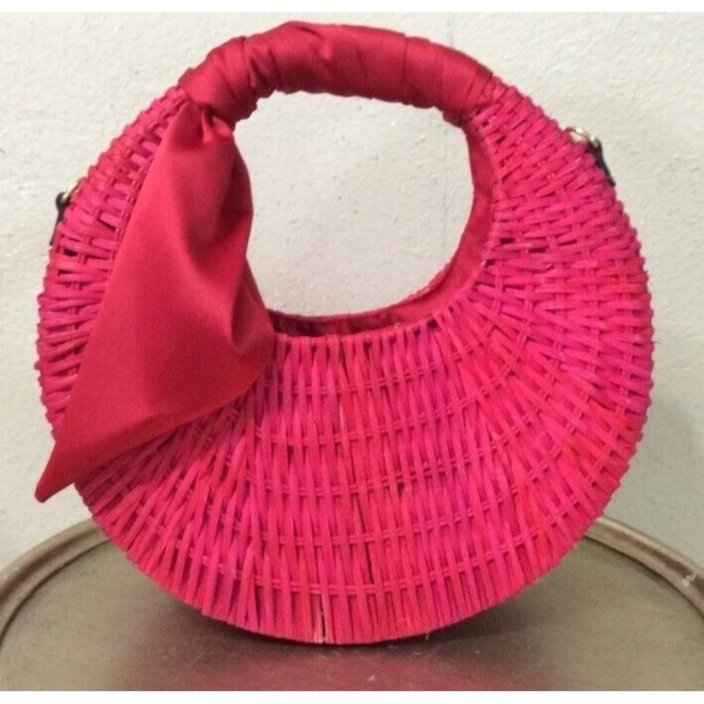 NEW Scoop Red Wicker Handbag with Satin Ribbon 12" Diameter 6" Pocket Inside